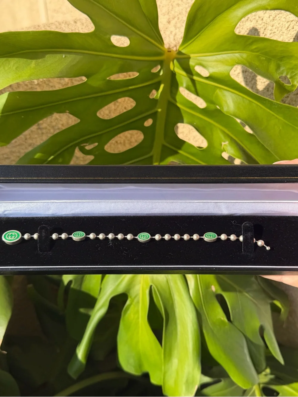Gucci Unisex Sterling Silver Green Interlocking G Bead Bracelet Size 18 New